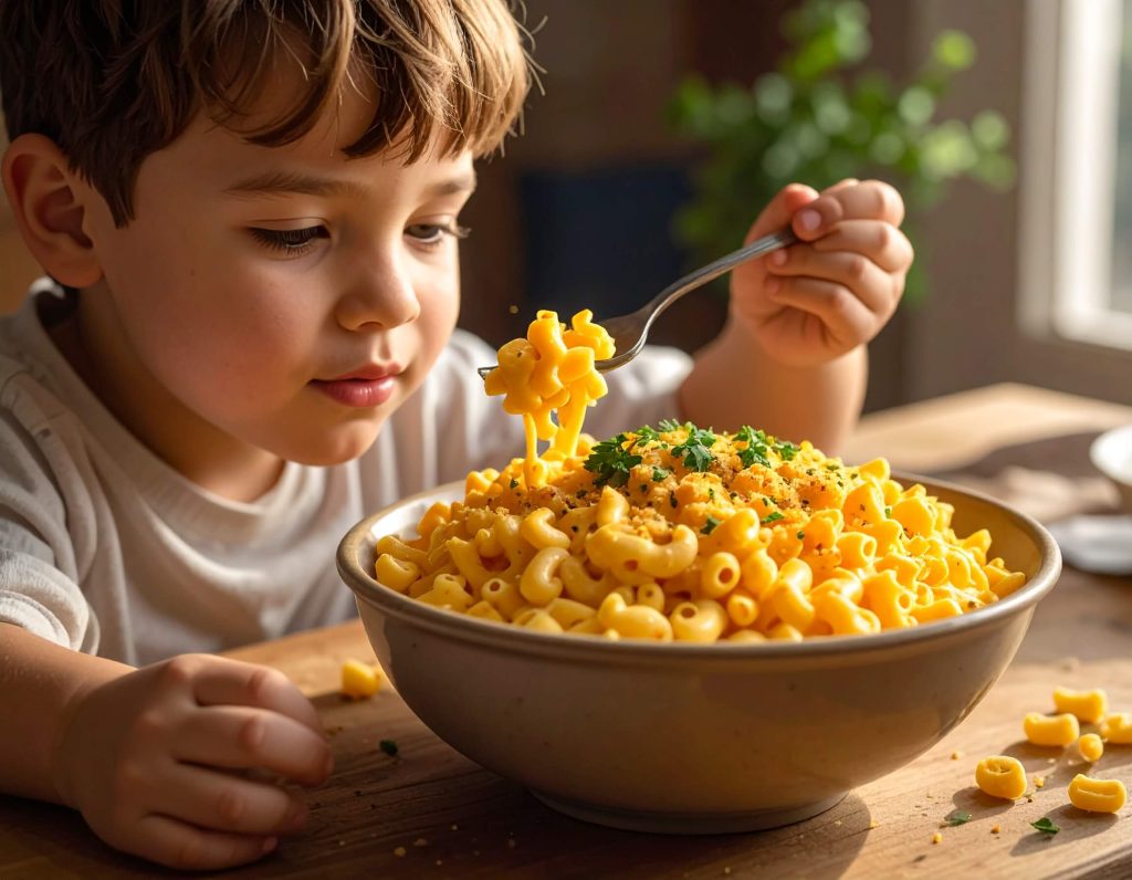 A child eating a bowl of mac and cheese.