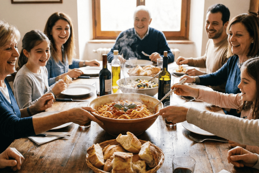 Family eating a Pasta Dinner.