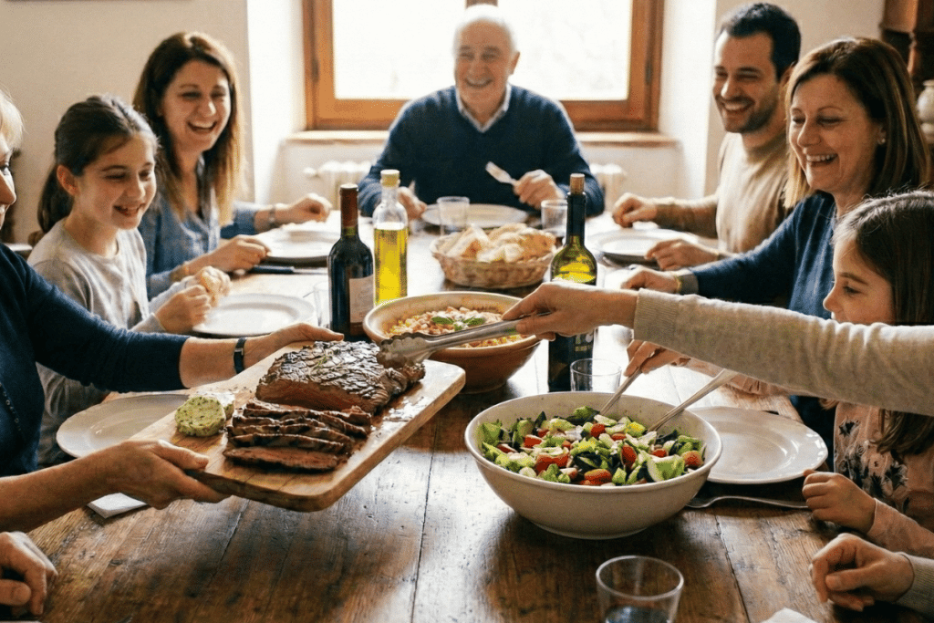 Family sitting down to healthy dinner