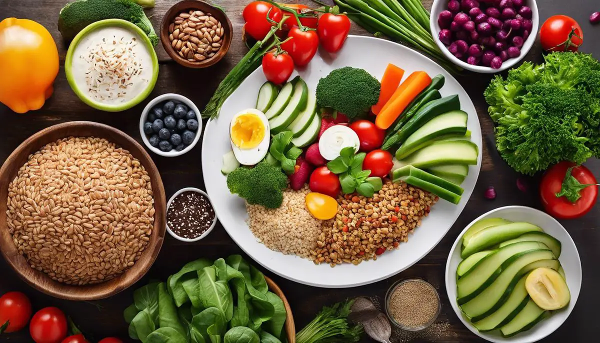 A colorful and vibrant plate of food containing a variety of fresh vegetables, protein, and healthy grains, representing the balanced and aesthetic nature of the 16/8 intermittent fasting lifestyle