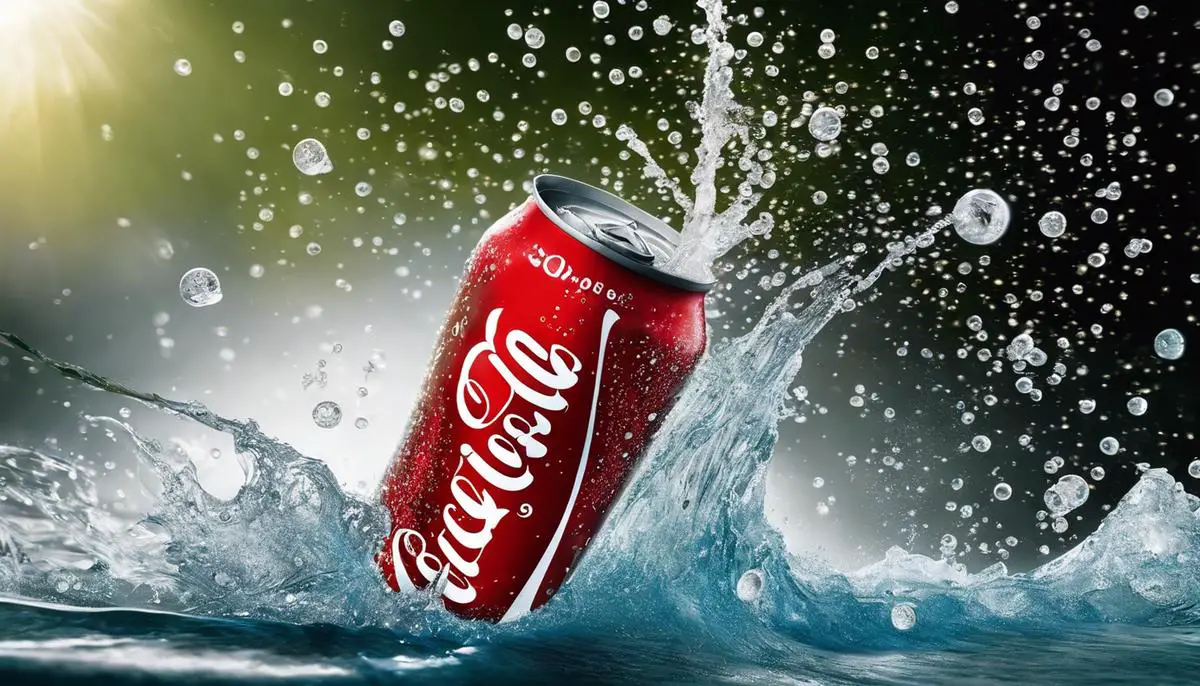 An image displaying a can of Coca-Cola, with bubbles fizzing around it, showing the magic and allure of the drink.