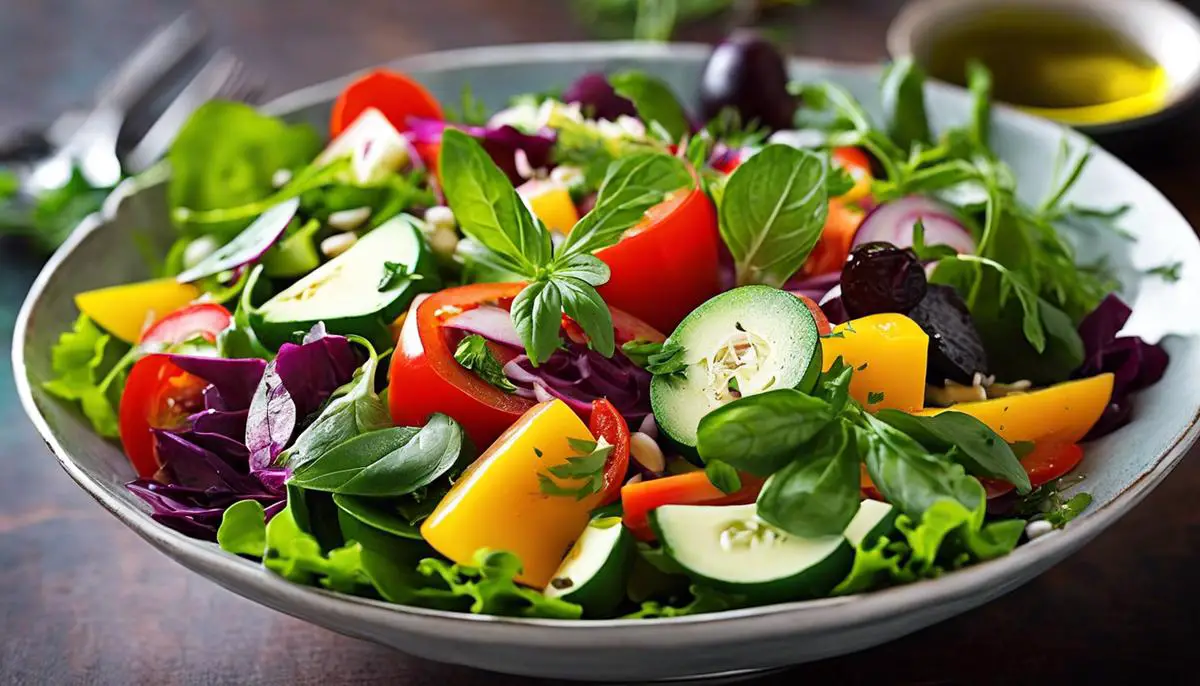 A colorful salad bowl filled with fresh vegetables, herbs, and extra virgin olive oil, representing the interconnectedness of aesthetics and wellness.