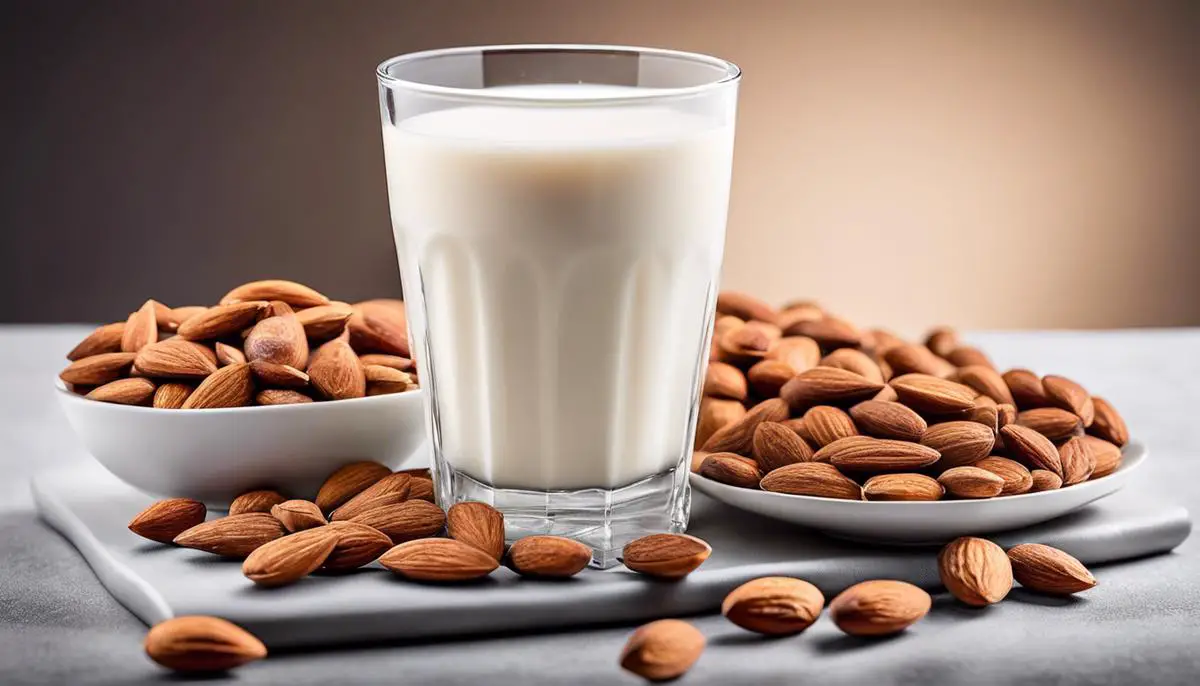 A glass of almond milk with almonds and a splash of milk in the background