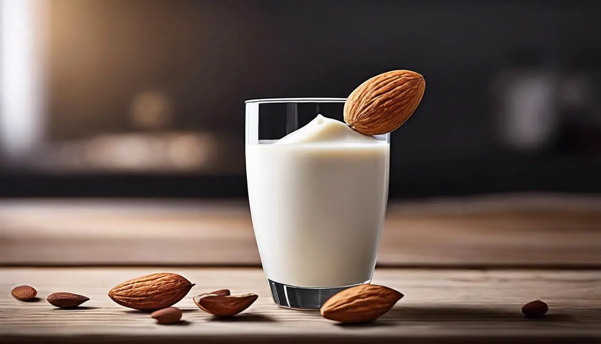 A glass of almond milk with almonds placed on a wooden table