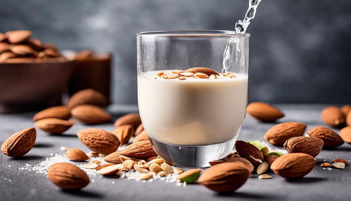 Image of almond milk in a glass with crushed almonds on top, showcasing its versatility and creamy texture.