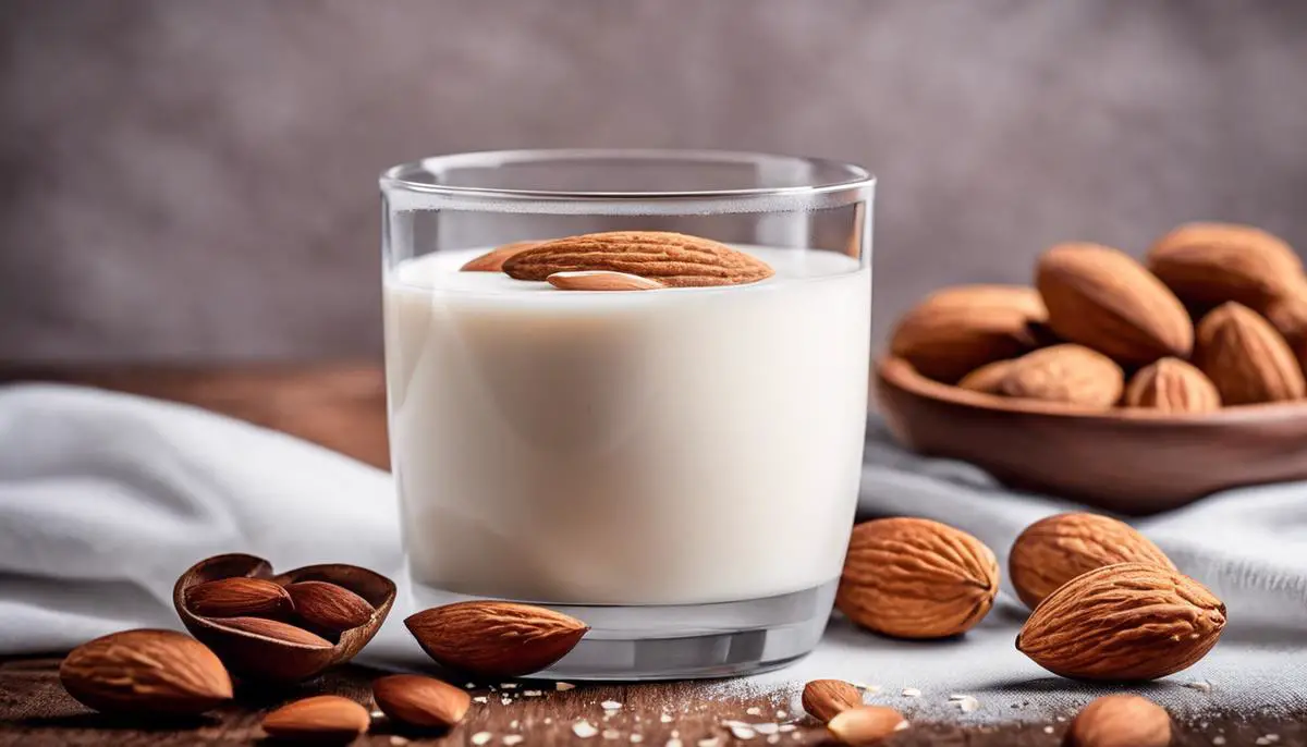 A glass of almond milk surrounded by fresh almond nuts, representing the elegance and versatility of almond milk as a culinary ingredient
