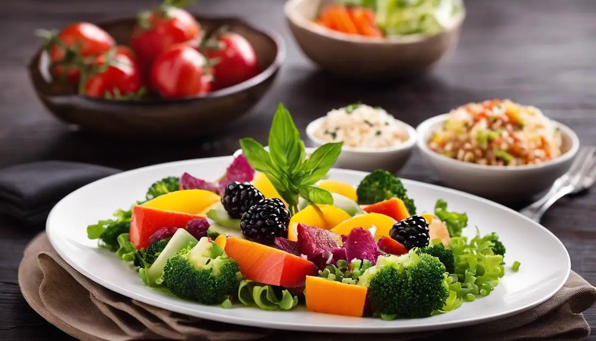 A stylish image depicting a plate of colorful and nutritious food, showcasing the elegance and healthiness of the meal.