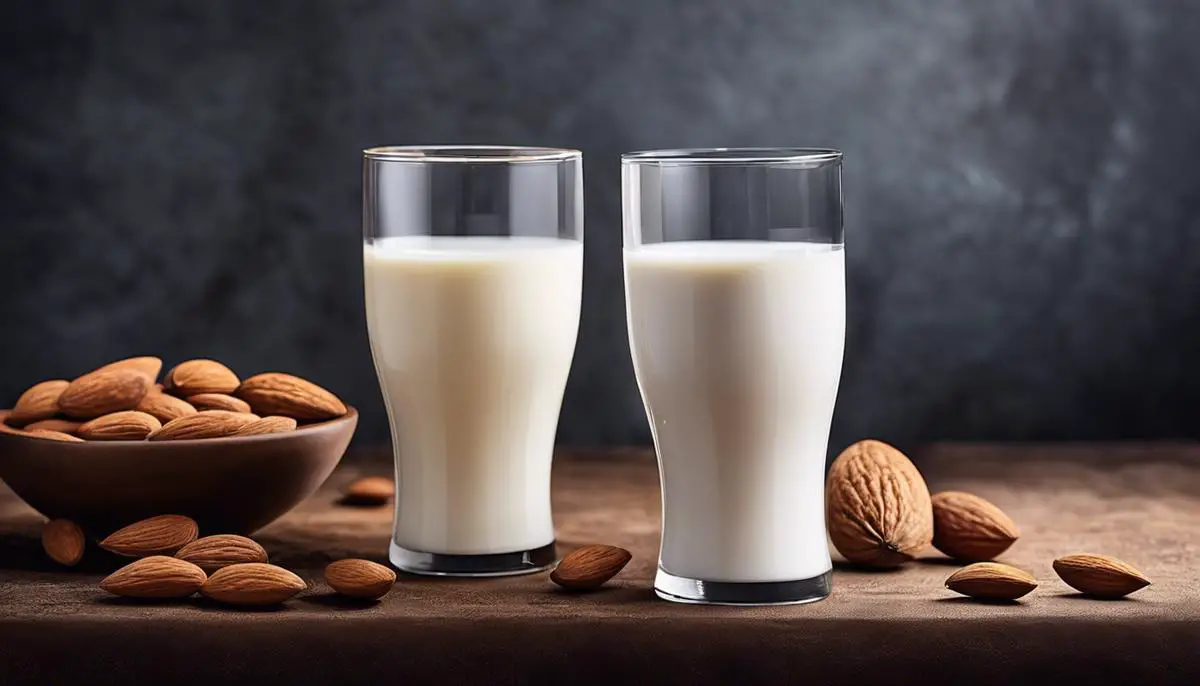 Two glasses of milk - almond milk and traditional milk - placed side by side, with a decorative background, highlighting the choice between the two options
