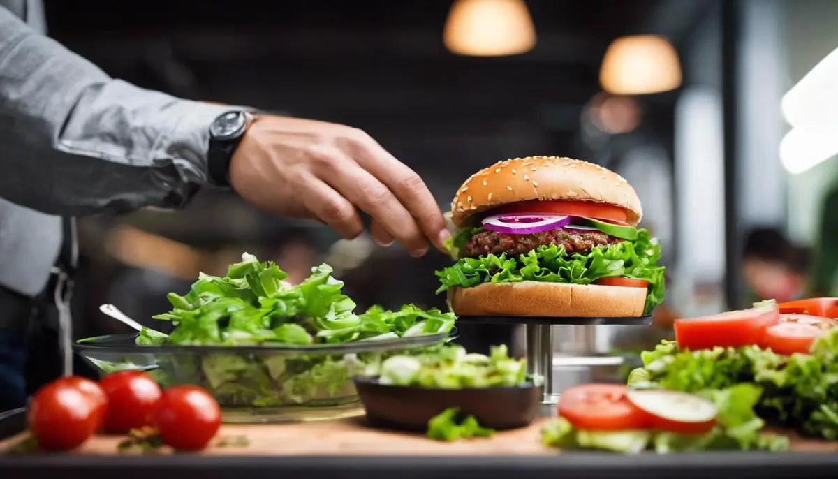 Image Description: A person selecting a healthy salad over a fast food burger.