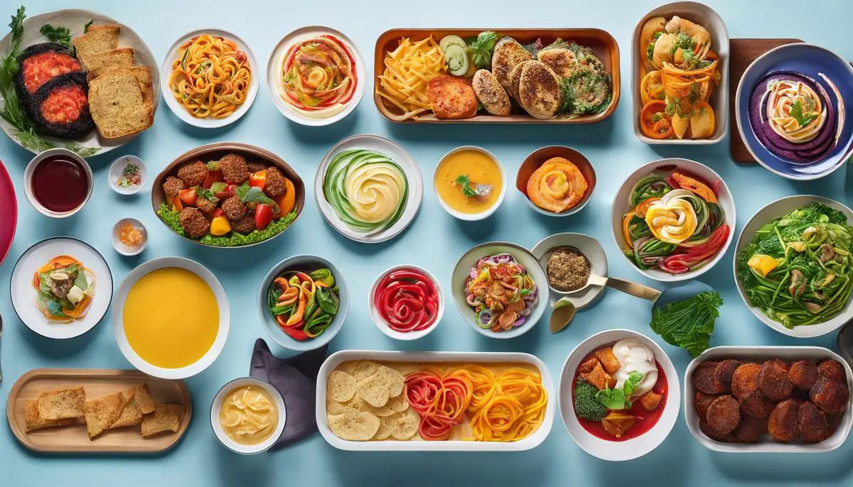 A visually appealing image of a variety of colorful dishes that represents the captivating appeal of ultra-processed foods
