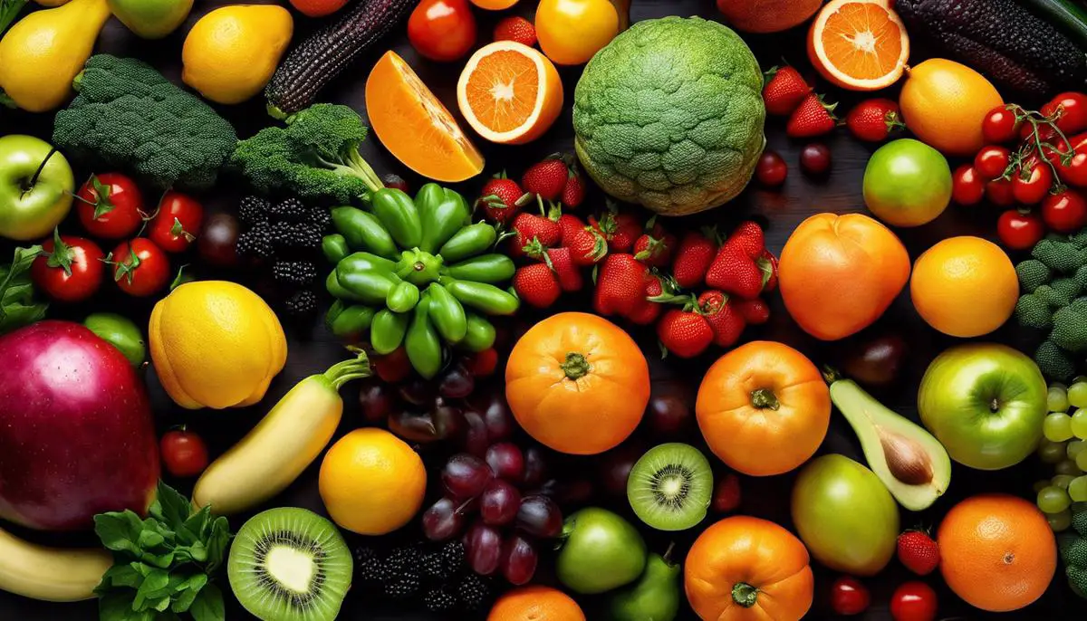Image depicting a diverse selection of colorful fruits and vegetables, representing a healthy lifestyle.