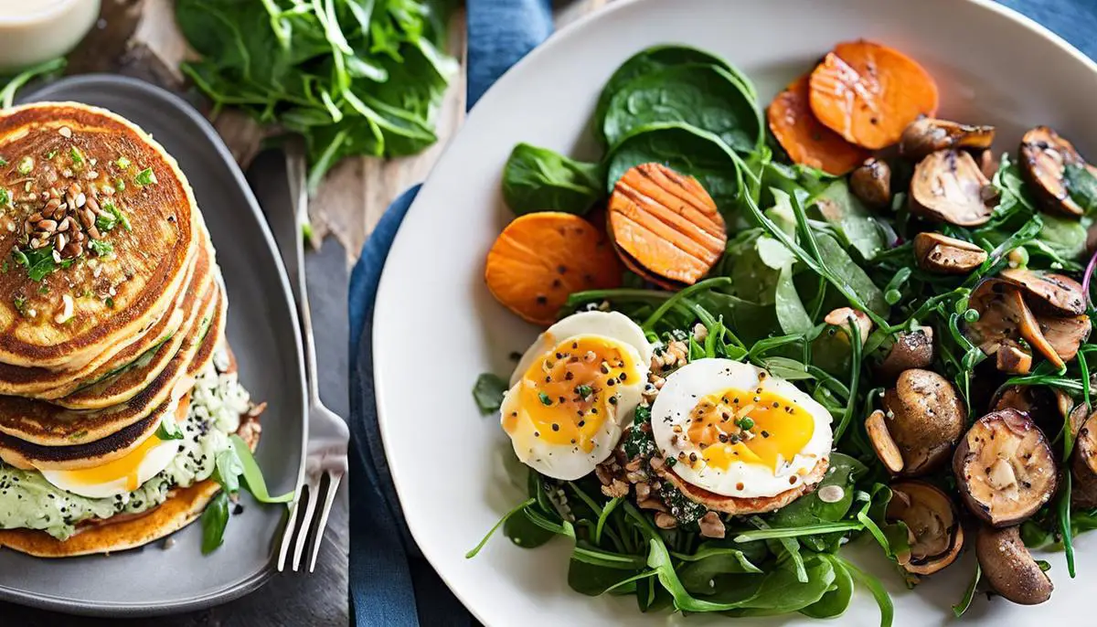 A variety of healthy low-carb breakfast meals including pancakes, a green smoothie, sweet potato toast with almond butter and chia seeds, smoked salmon salad with leafy greens, and stuffed mushrooms.