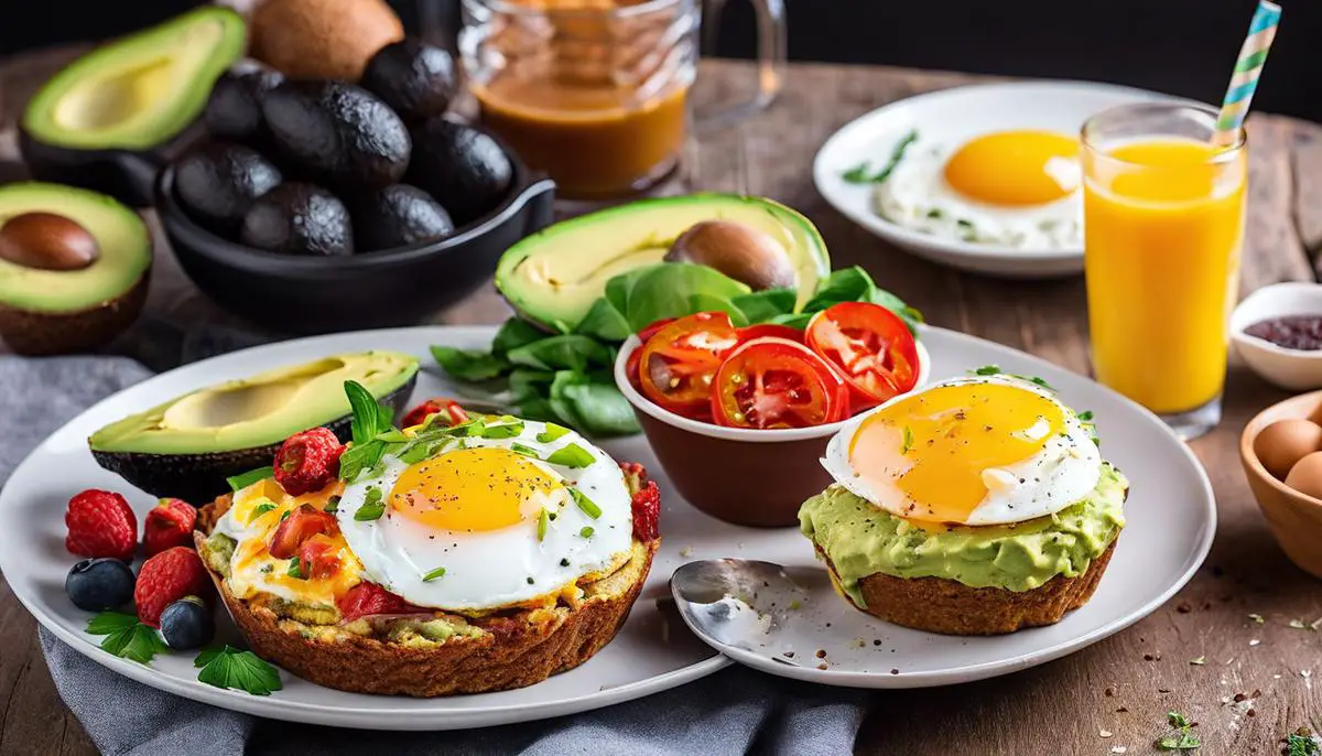 Various low carb breakfast options displayed on a table, including eggs, avocado, protein shake, muffins, and Shakshuka. The image showcases a balanced breakfast with vibrant colors and fresh ingredients.