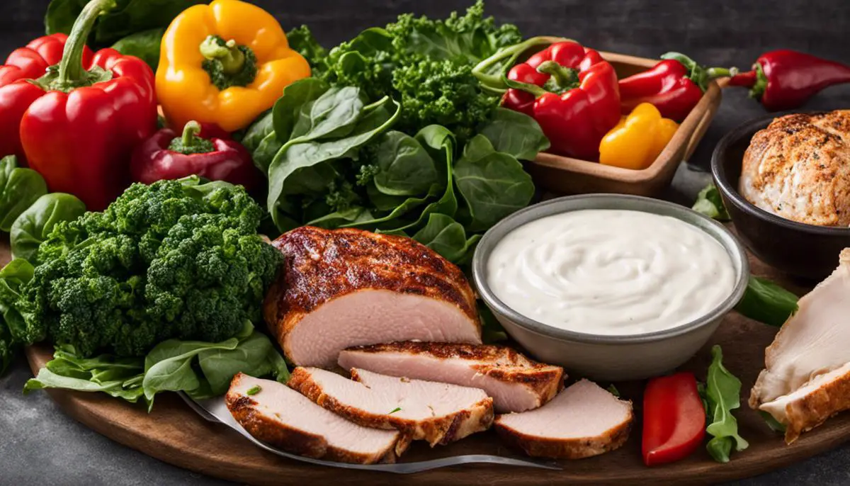 A variety of low-carb diet food options including spinach, kale, bell peppers, Greek yogurt, and lean meats like turkey and chicken breast.