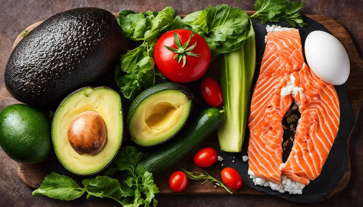 A colorful image showcasing five low carb foods. From left to right, there's an avocado, a zucchini, an egg, a salmon fillet, and a cauliflower.