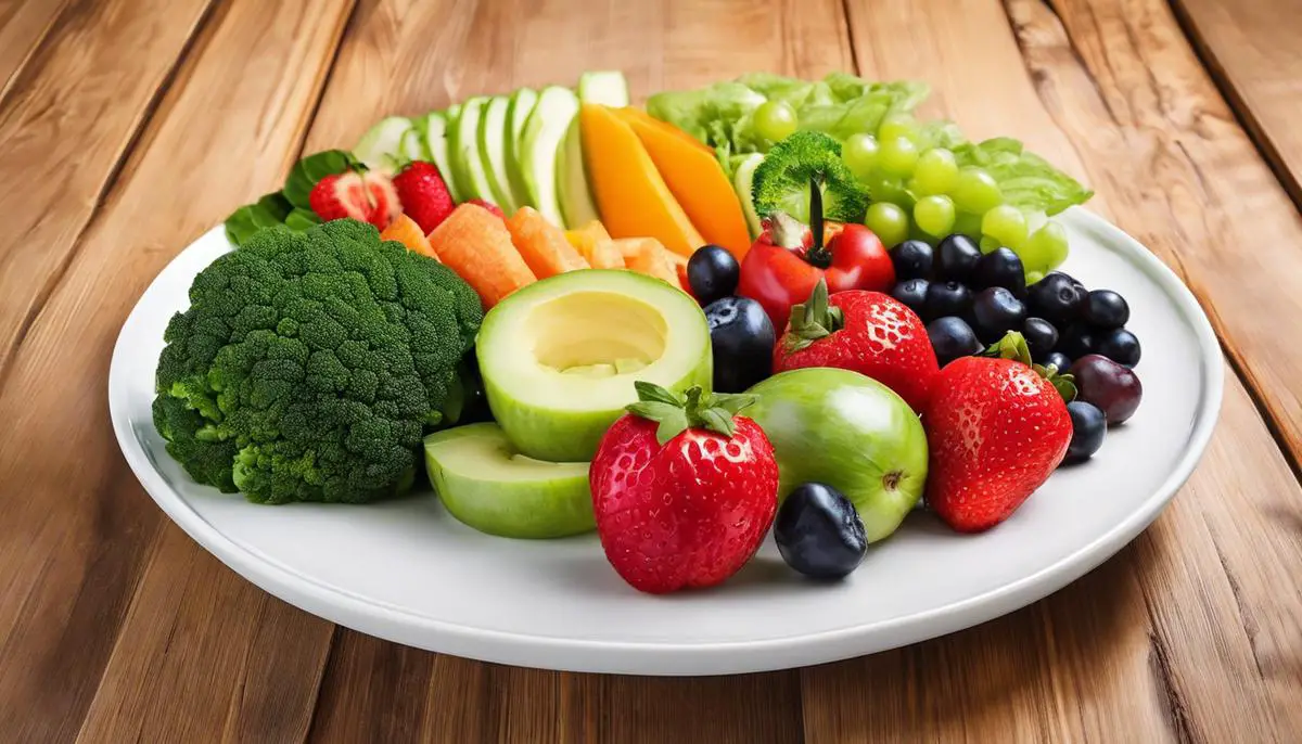 A plate filled with fruits and vegetables, representing low carb, high fiber foods.