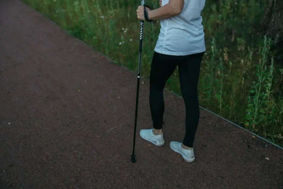 Image of people engaging in Nordic walking, walking briskly with poles in their hands.