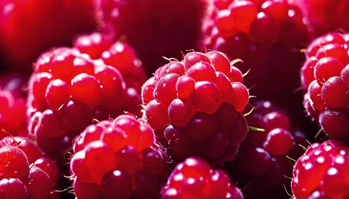 Raspberries image: A close-up photograph of fresh raspberries, showing their vibrant red color, glossy texture, and unique shape.