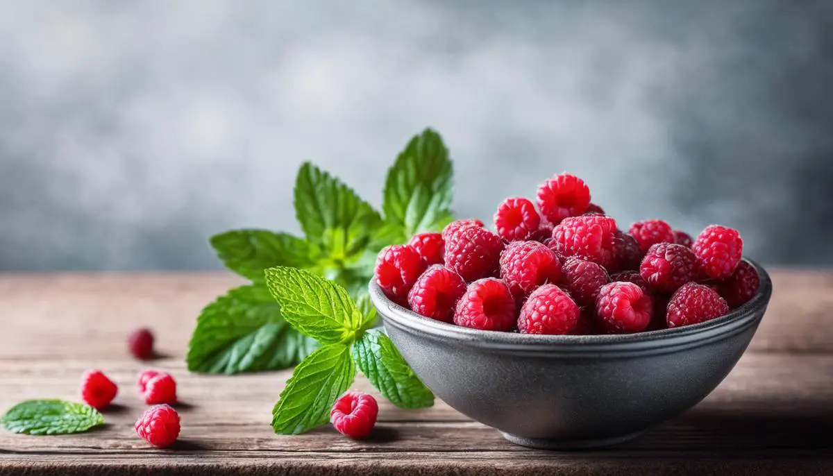 An image of a bowl of raspberries topped with mint leaves and chia seeds, creating an appealing visual representation of the text.