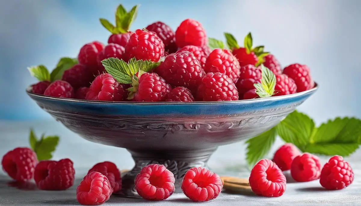 A beautifully arranged dish of raspberries, creating a vibrant display of color and freshness.
