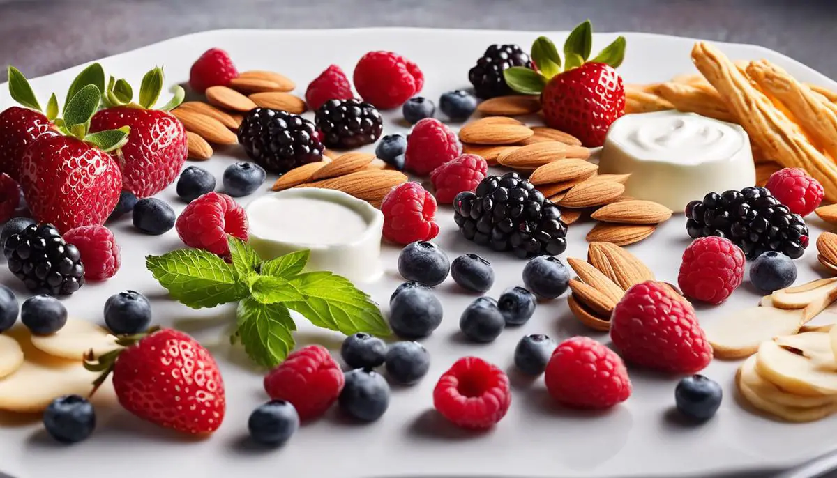 A delicious assortment of healthy snacks, including almonds, Greek yogurt, and fresh berries.
