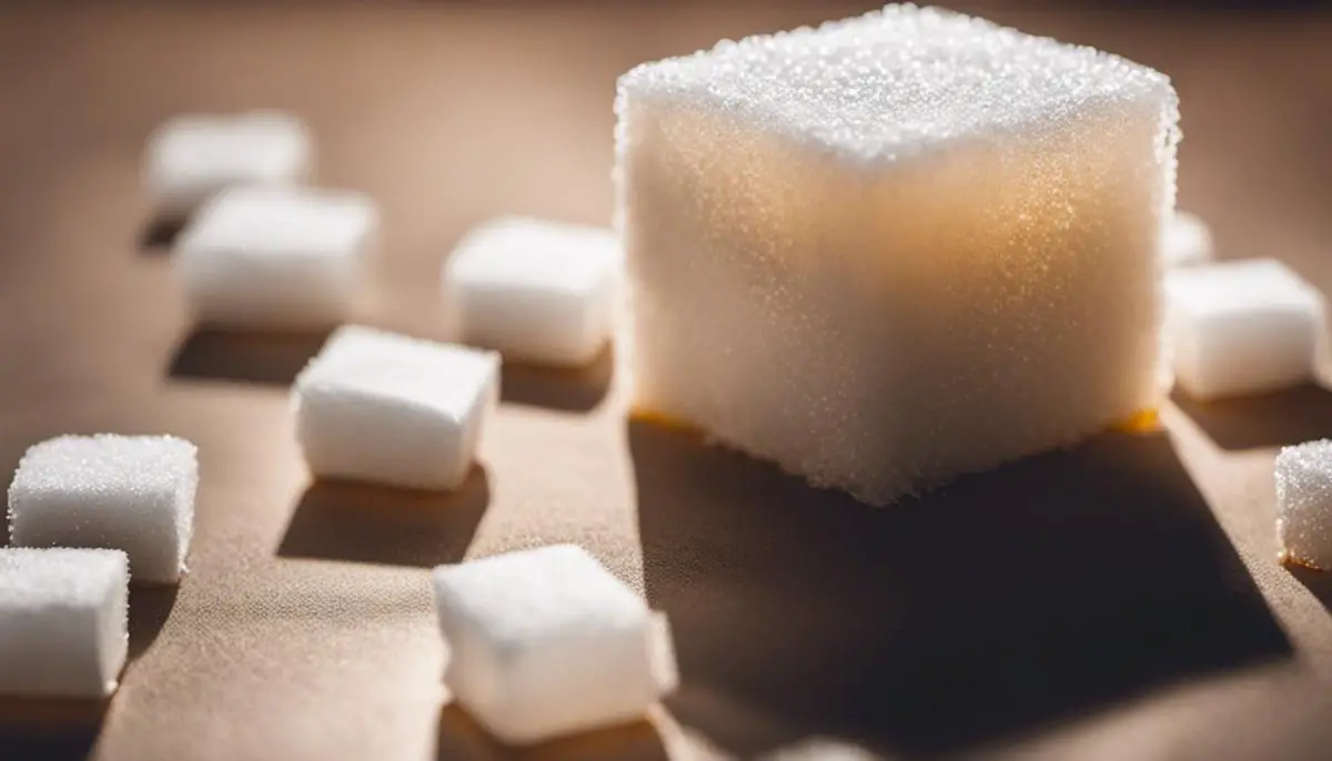 A spotlight shining on a sugar cube, representing the focus on sugar in the article for someone that is visually impaired