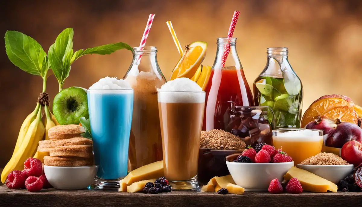 Image of various foods and drinks related to managing sugar and caffeine intake.