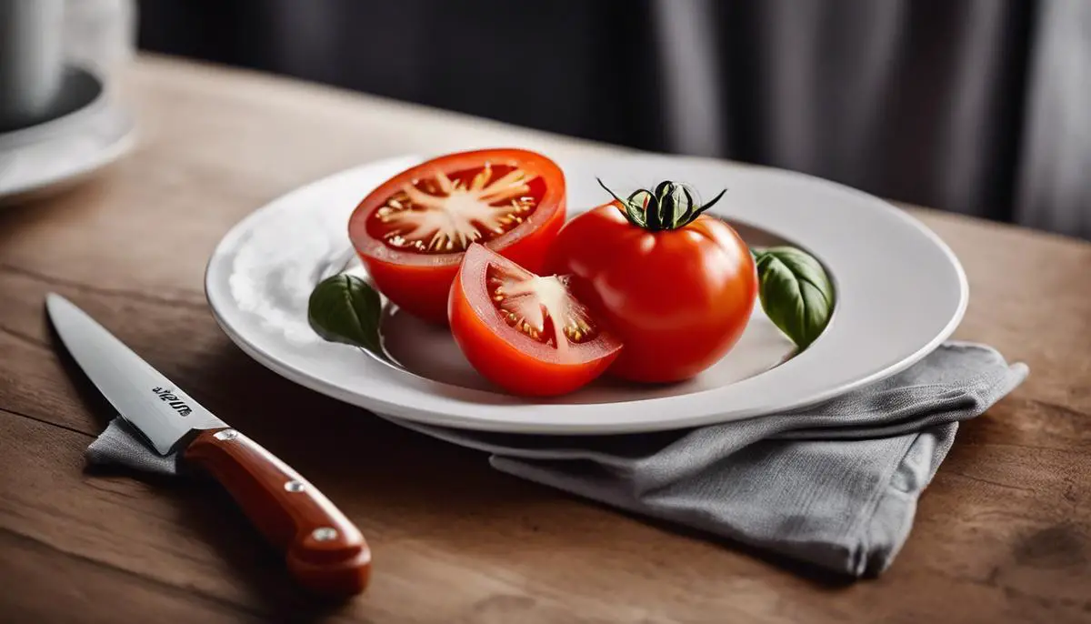 An image of a ripe tomato on a plate with a knife next to it, representing the topic of carbs in a tomato for visually impaired individuals