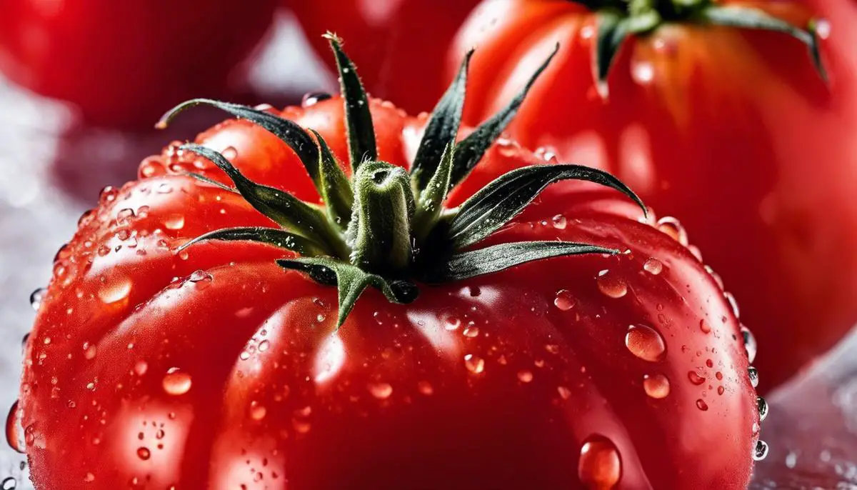 A close-up image of a ripe tomato in vibrant red color with water droplets on its skin, showcasing its freshness and inviting taste.