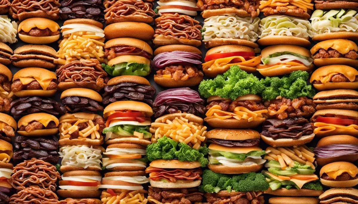 Image of different ultra-processed foods stacked on top of each other, beautifully arranged, and captured from above.