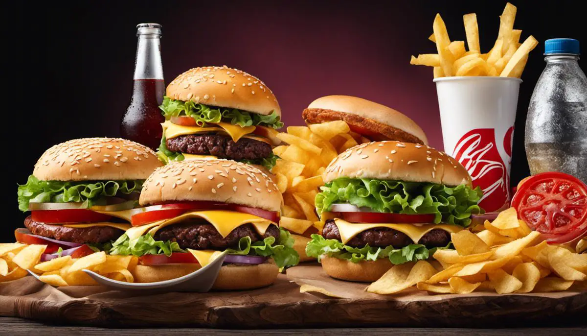 An image depicting various ultra-processed foods, such as chips, soda, and hamburgers, to accompany the text about the classification system and impacts of these foods.